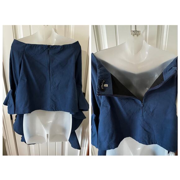 CQ BY CQ Linen Blouse Top Off The Shoulder Ruffle Embellishment 3/4 Sleeve Navy - Picture 10 of 14